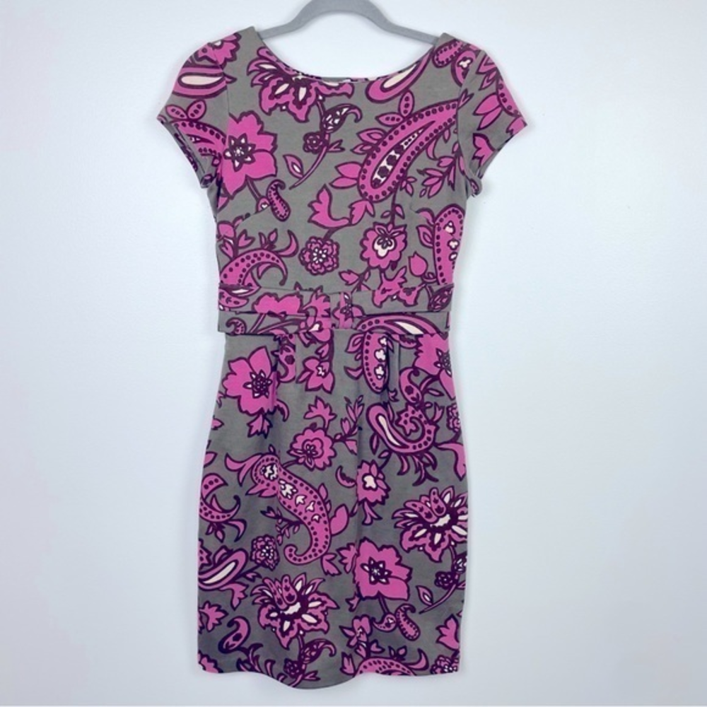 Boden Roma Floral/Paisley Ponte Gray/Pink Short Sleeve Dress